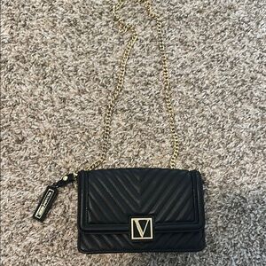 Victoria's Secret Black Quilted Crossbody Bag with Gold Chain